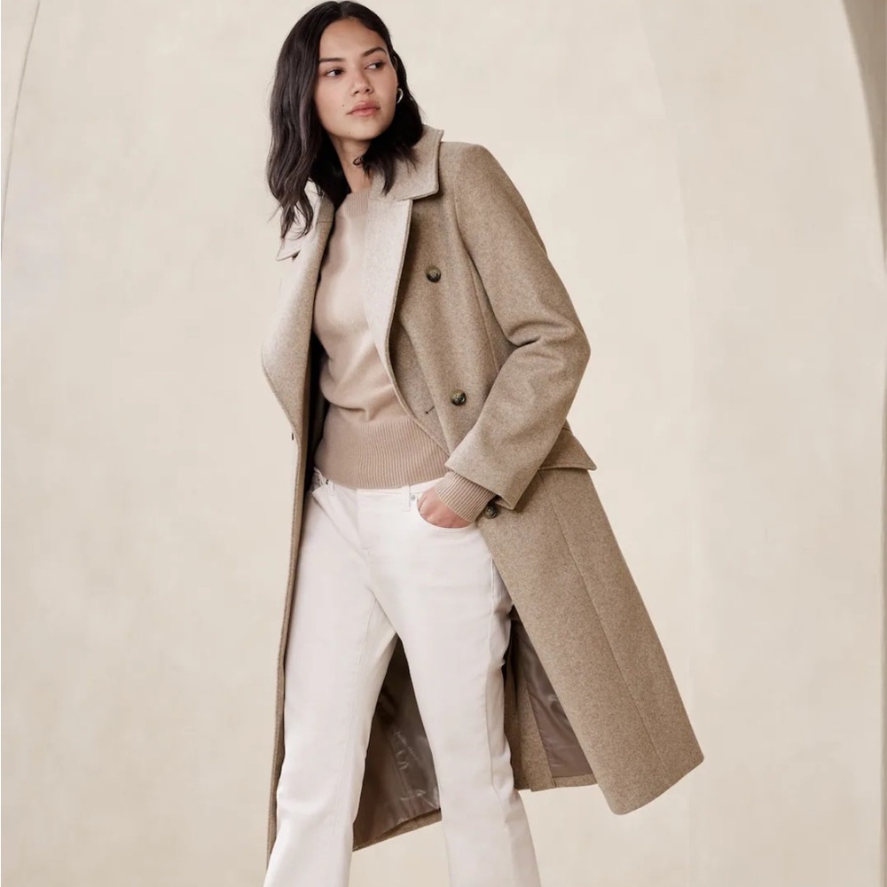 EUC Banana Republic Factory REMOVABLE FAUX-FUR COLLAR COAT Heather Oatmeal LP